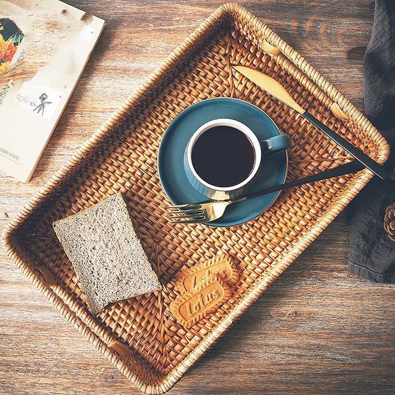 i-lan 13 Inch Handcrafted Serving Tray Rectangle Rattan Display Tray Plates with Cutout Handles and 2" Wall,Wicker Ottoman Coffee Table Decor Basket Tray Organizer Platter for Snack, Candy, Fruit,S - Image 4